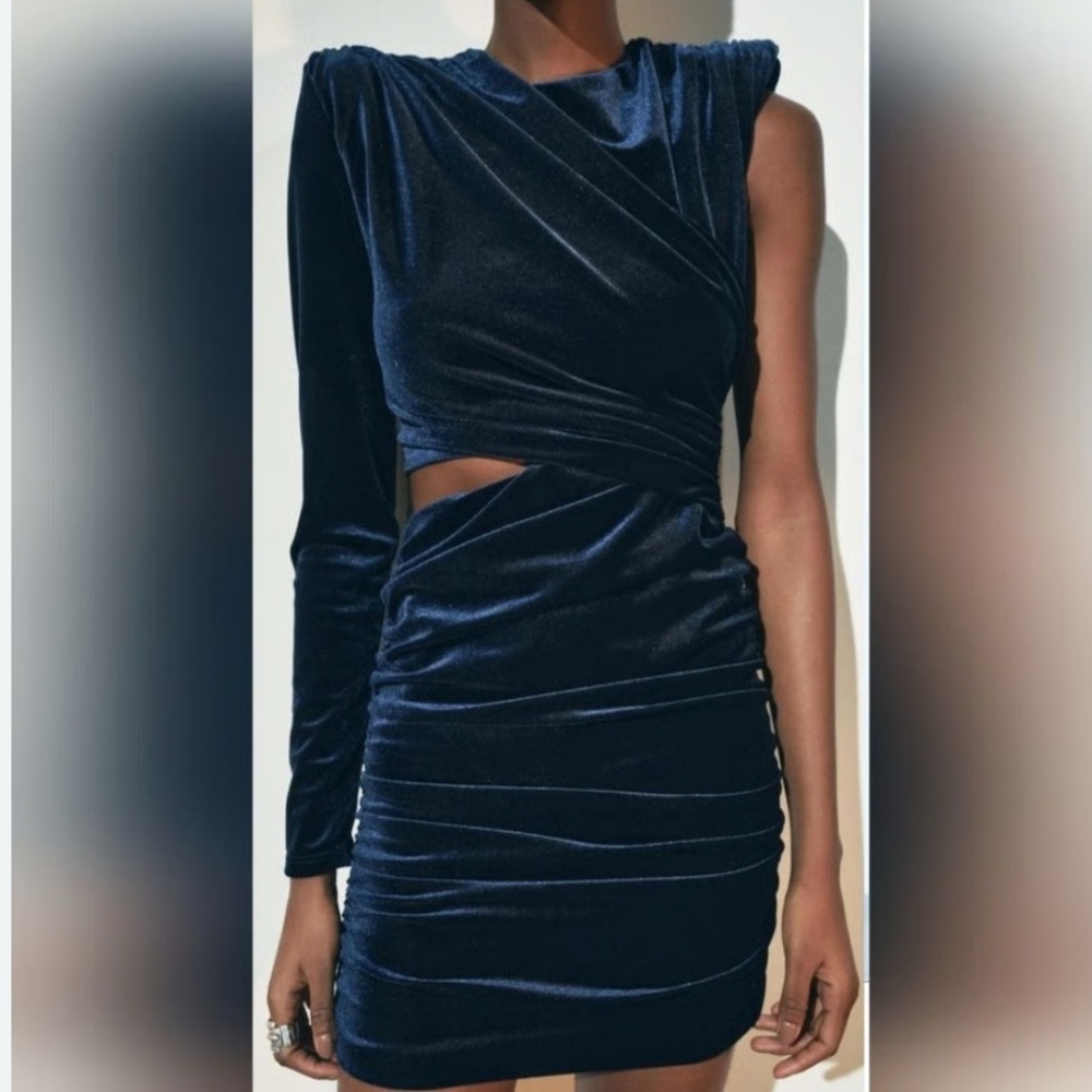 Zara women S size mini One Shoulder Dress Midnight Blue velvet